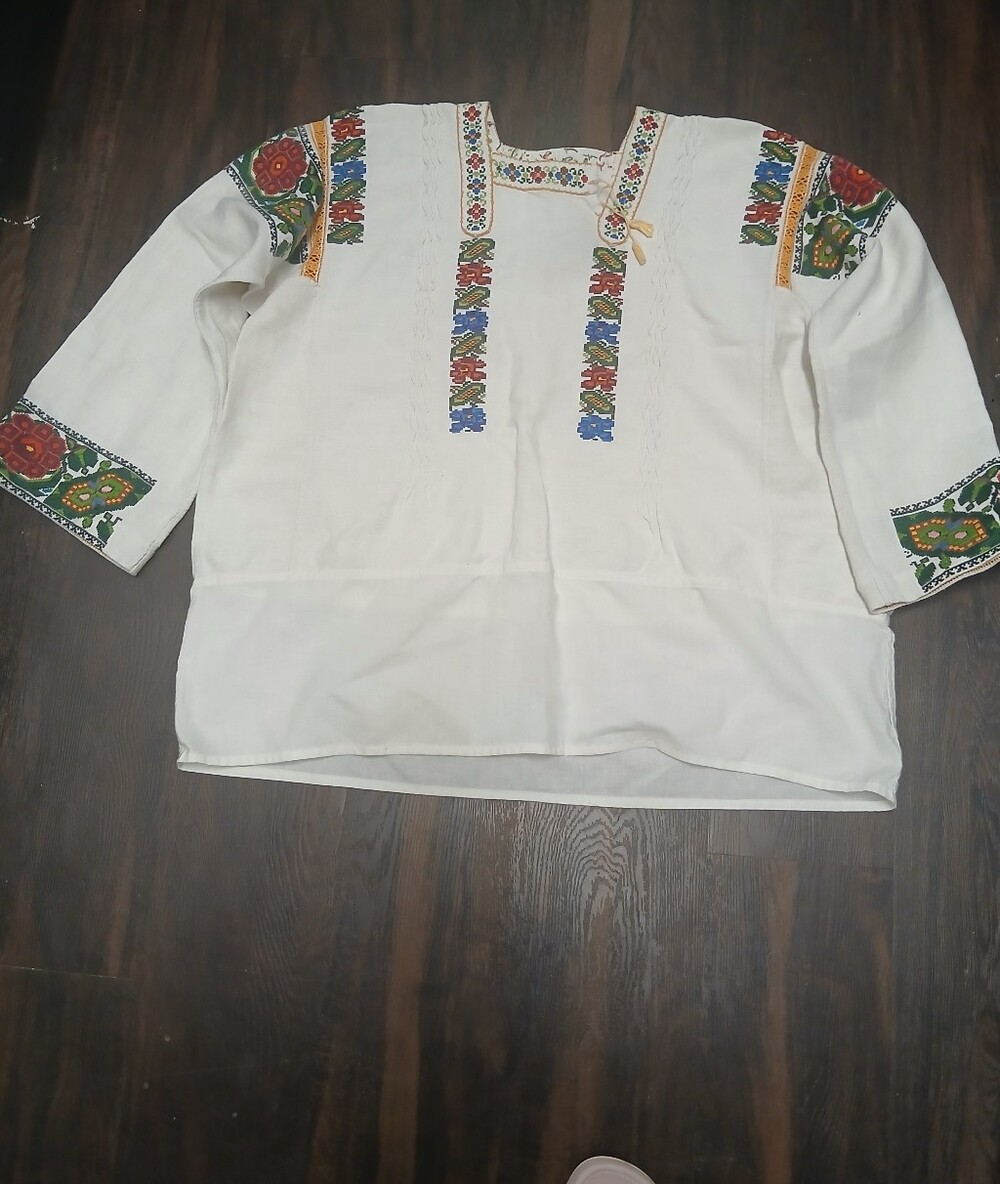 Embroidered Peasant Blouse - White with Multicolor Floral Accents